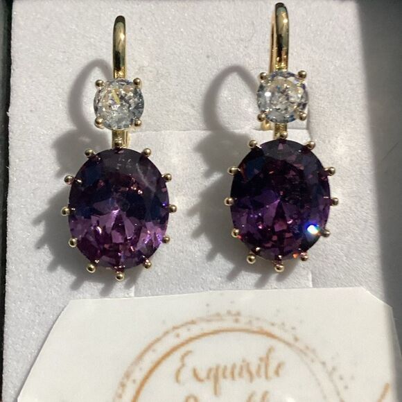 💜Elegant 10k Gold Vermeil Oval Cut Purple Amethyst Cz Diamond Hook Drop Earrings - Picture 14 of 16